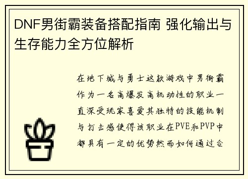 DNF男街霸装备搭配指南 强化输出与生存能力全方位解析